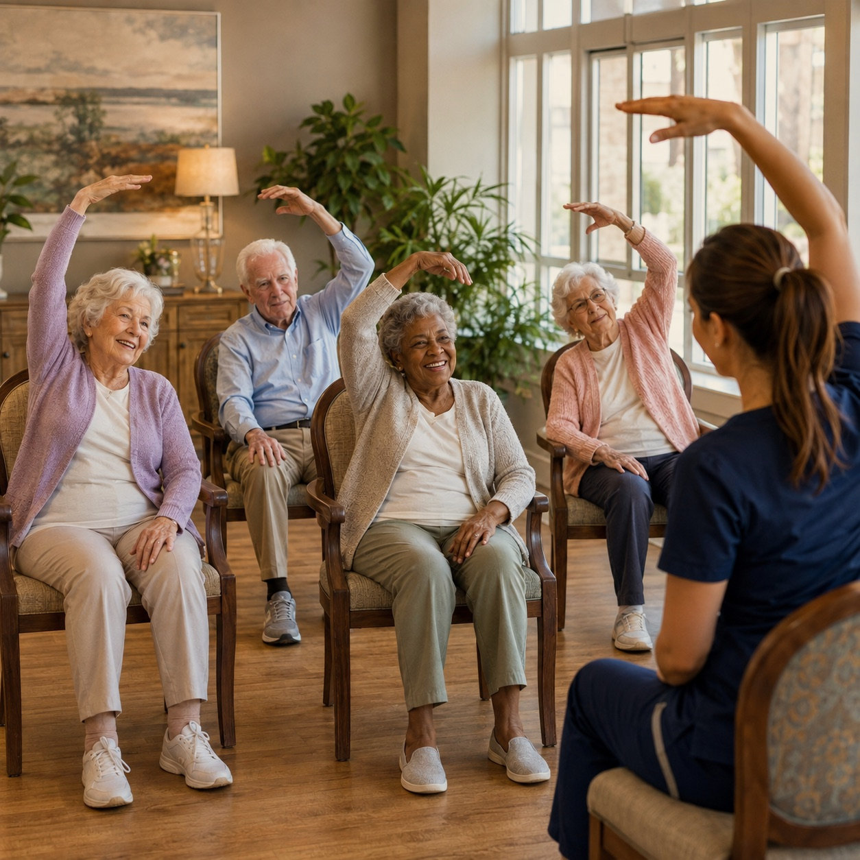 A seated exercise class in the living room